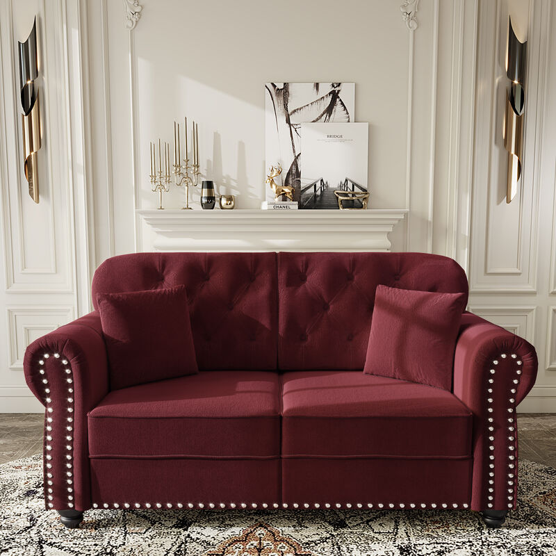 Whisen 63" Velvet Chesterfield Sofa, Mid-Century Modern Tufted Loveseat with Nailhead & 2 Pillows image number 3