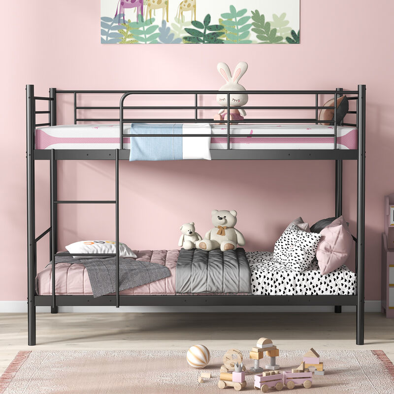 Metal Bunk Bed with Ladder and Full-length Guardrails-Black