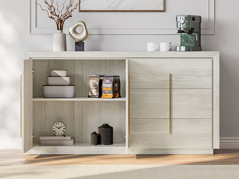 BELLEZE Sideboard Buffet Cabinet, 64.5" Modern Console Table with 3 Drawers and 2 Fluted Doors, Entryway Accent Storage Cabinet, Adjustable Shelves, Dining Room Living Room, White Sand