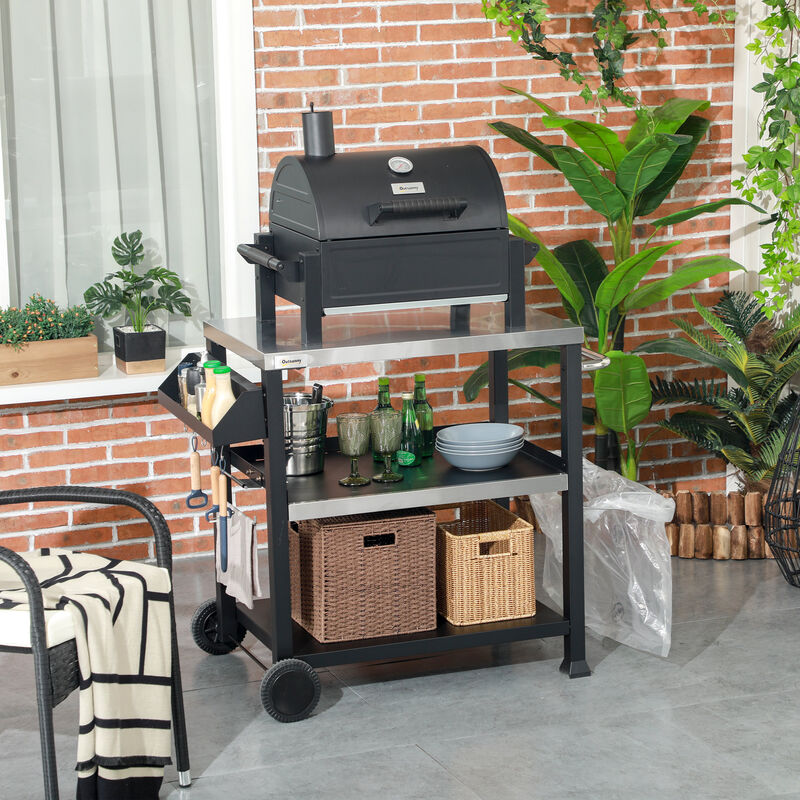 Movable Stainless Steel 3-Shelf Outdoor Grill Cart w/ Side Handle