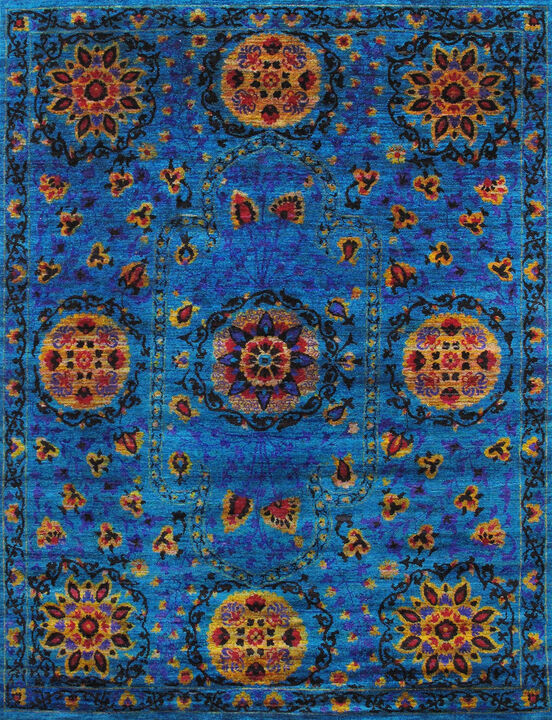 Pasargad Home Azerbaijan Hand-Knotted Sari Silk Area Rug- 5' 5" X  8' 1", Blue
