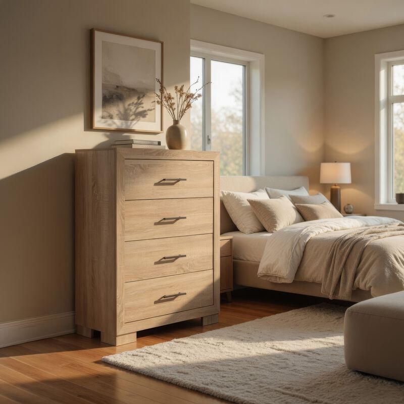 Poxy Tall Dresser Chest with 4 Drawers, Nickel Metal, Oak Brown Wood image number 1