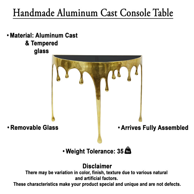 Capri Sofa Console Table | 36.25" Half Moon Glass Top | Melting Drip Design | Aluminum Cast | Antique Gold