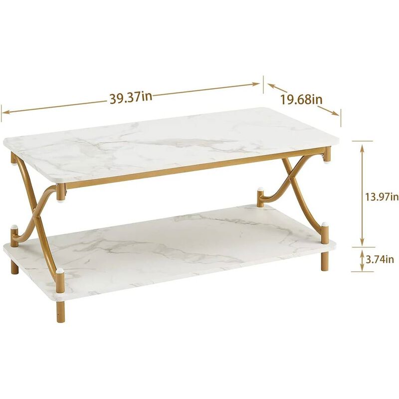Faux Marble Coffee Table with Gold Metal Frame and Lower Storage Shelf