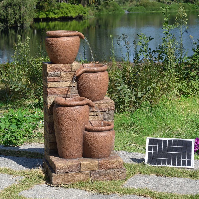4-Tier Outdoor Solar Water Fountain with LED Lights, Brown image number 6