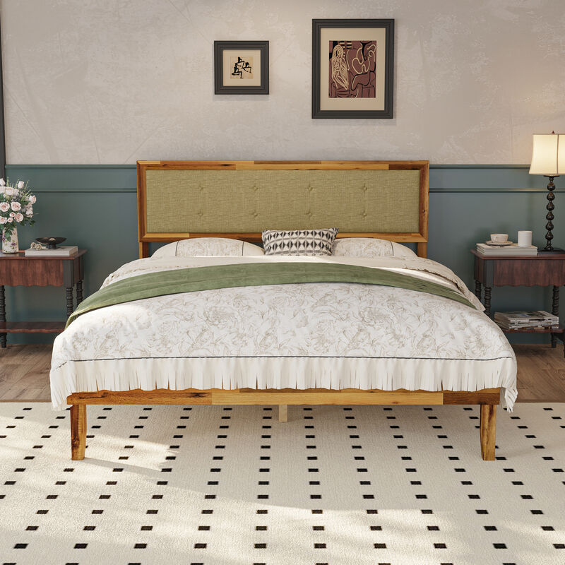 FUFU&GAGA Deep Natural Acacia Wood Upholstered Bed Frame with Linen Headboard and Plywood Slats, Queen Size Platform Bed (82.2" L x 63" W x 41.1" H), Brown