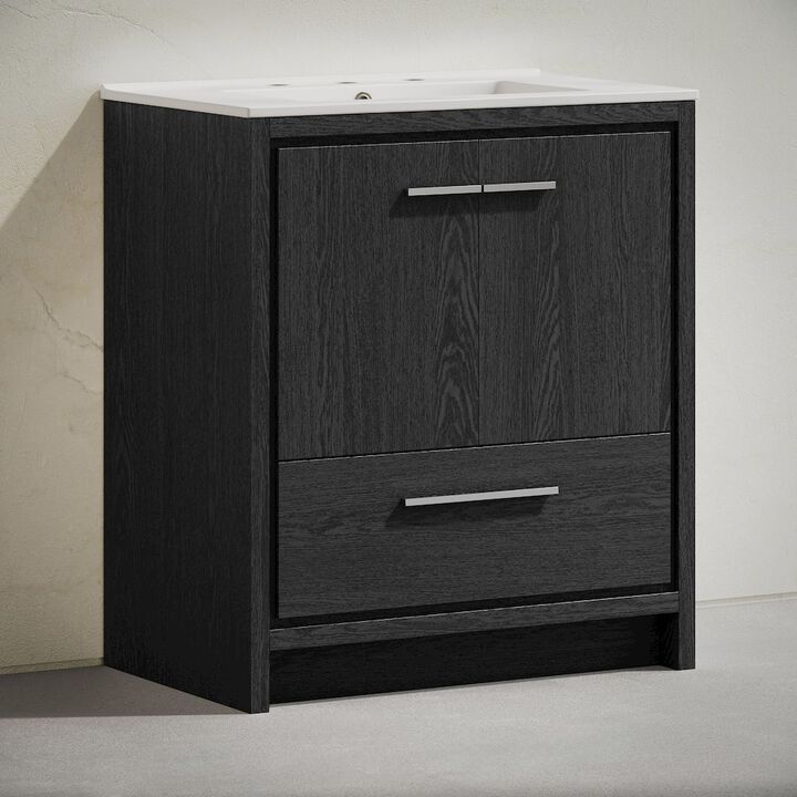 30" Freestanding Bathroom Vanity in Black Oak with 3-Hole Widespread Sink Top