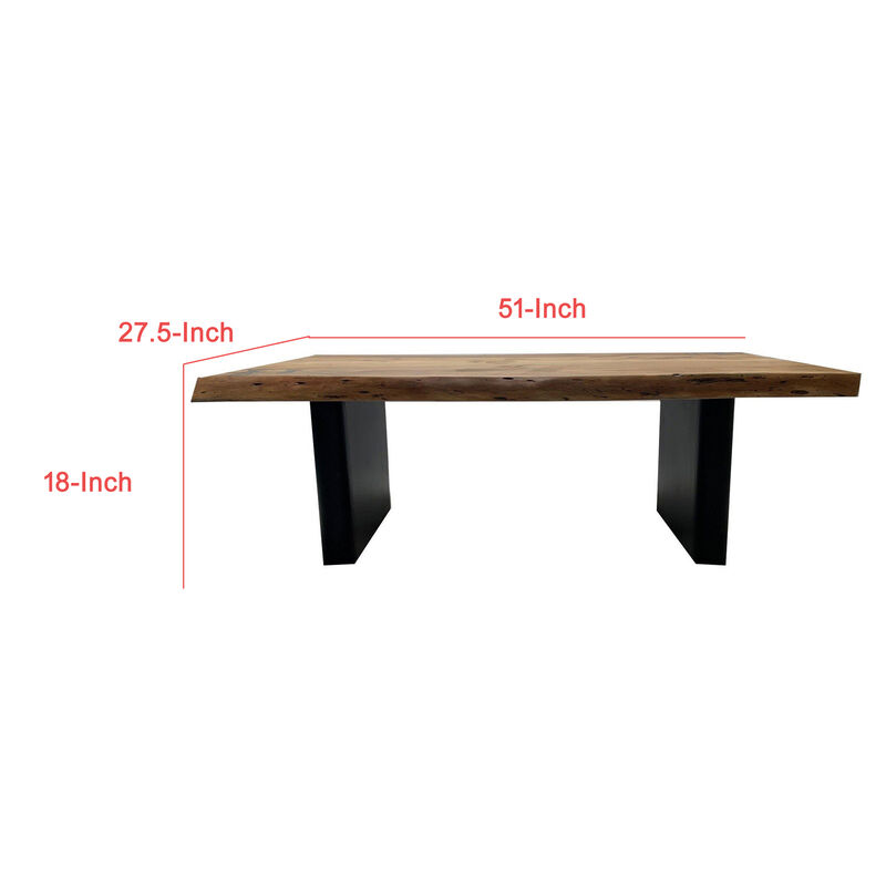 Mya 51 Inch Modern Coffee Table, Live Edge Wood Top, Black Iron Panel Legs-Benzara
