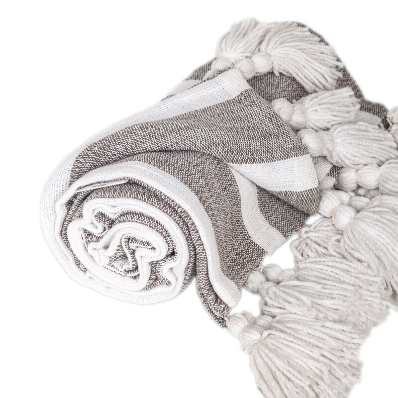 HomeRoots 50" X 60" Charcoal Woven Cotton Striped Throw Blanket with Tassels image number 2