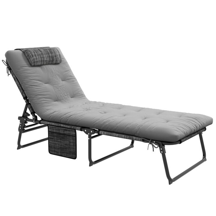 Outsunny Folding Chaise Lounge with 4-level Reclining Back, Outdoor Tanning Chair with Cushion, Outdoor Lounge Chair with Breathable Mesh Fabric, Side Pocket, Headrest, Gray