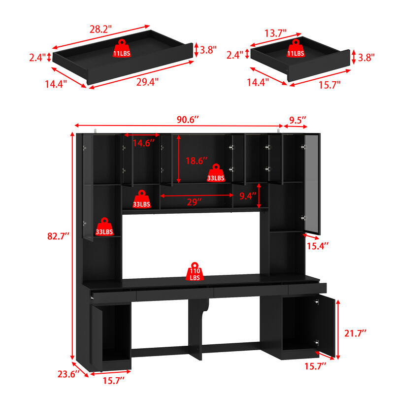 90.6 in. W Black Wood Computer Gaming Desk Home Office Desk, with 82.7 in. H Bookshelf, LED Lights, Drawers, Cabinets