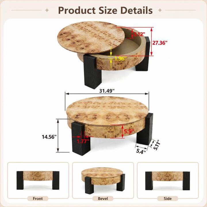 GOODSILO 33 Inch Round Coffee Table With Hidden Storage, Modern Sturdy Accent Table For Living Room Small Spaces