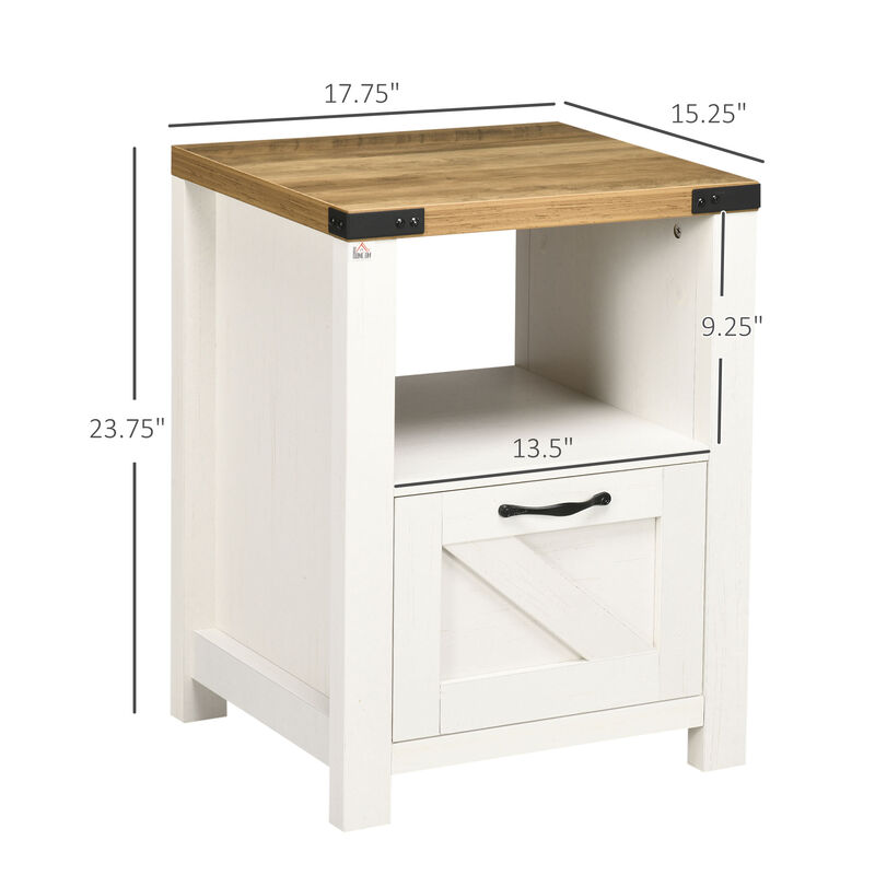 HOMCOM Farmhouse Side Table with Storage, Small End Table with Drawer, Open Shelf and Wood Effect Tabletop for Living Room, White