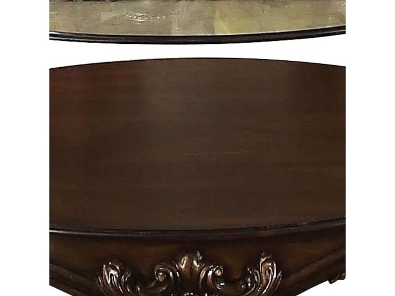 Curved Glass Top Coffee Table with Open Shelf, Brown-Benzara