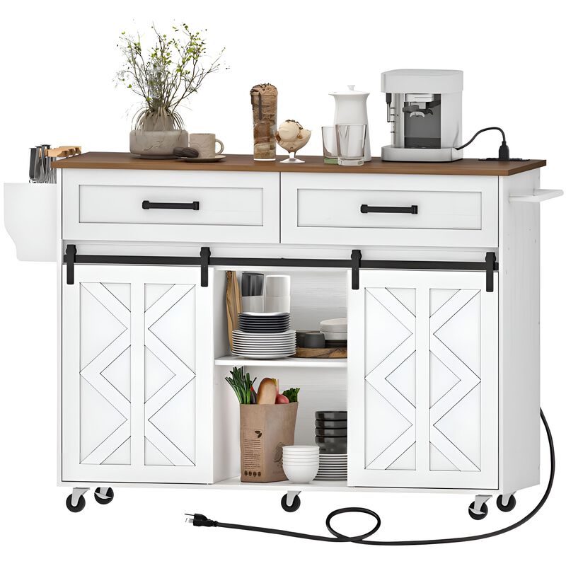 White Kitchen Island with Barn Doors, Movable Cart and Power Outlet image number 3