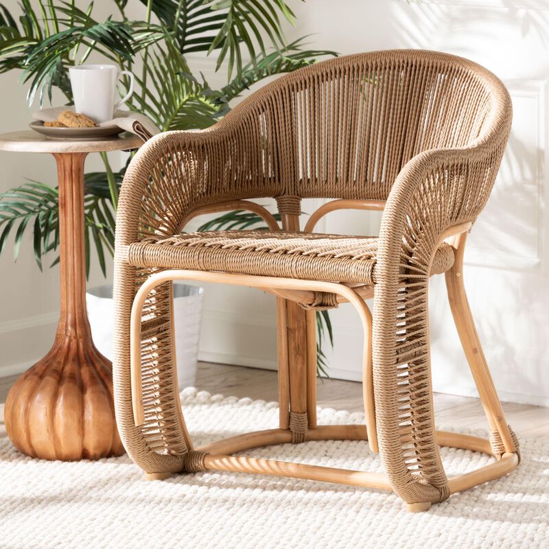bali & pari Isra Natural Rattan Accent Chair with Handwoven Synthetic Wicker &ndash; Curved Barrel Back Lounge Chair for Coastal Living Spaces image number 7
