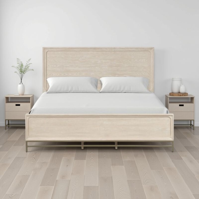 Rozie King Bed with Panel Style Headboard, Metal Legs, Light Oak Wood - Benzara