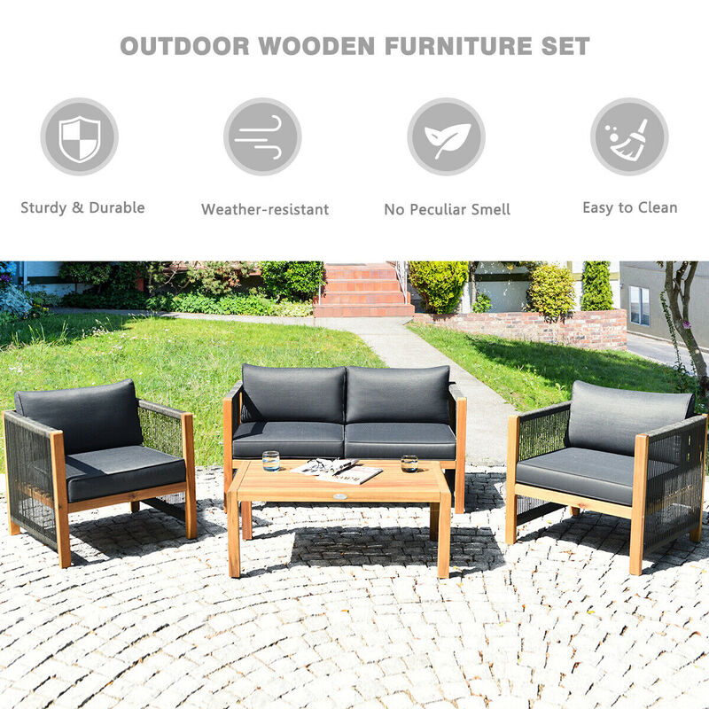 4 Pieces Acacia Wood Outdoor Patio Furniture Set with Cushions