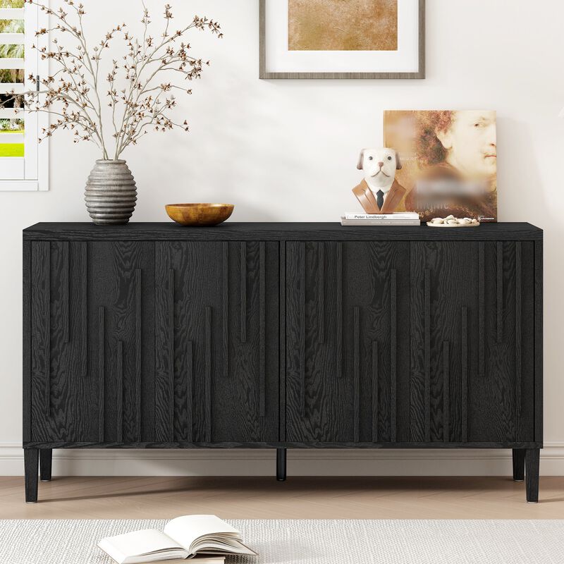 Clihome 59.8" Modern Farmhouse Linear Design Sideboard, 4-Door Ash Veneer Storage Cabinet with Hidden Handles