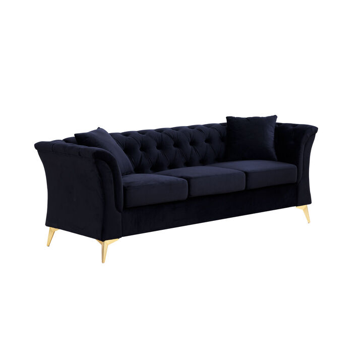Modern Chesterfield Curved Sofa Tufted Velvet Couch 3 Seat Button Tufted Couch with Scroll Arms and Gold Metal Legs Black