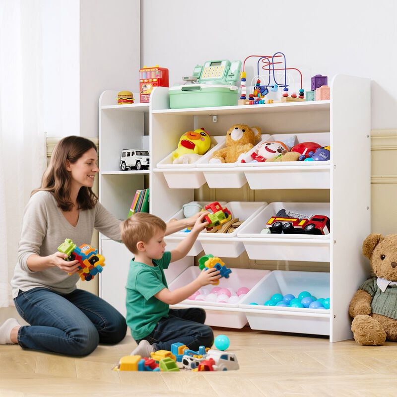 Kids Storage Organizer with Bookshelf – 4-Tier Toy Cabinet with 8 Flexible Bins for Classroom & Nursery