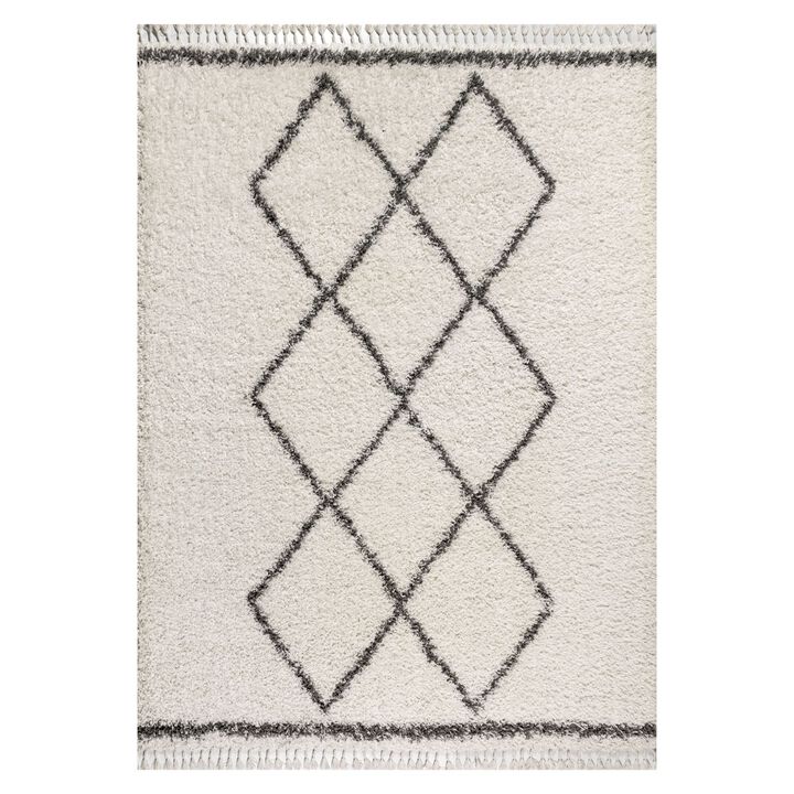Mercer Shag Plush Tassel Moroccan Tribal Geometric Trellis Grey/Cream 5 ft. x 8 ft. Area Rug