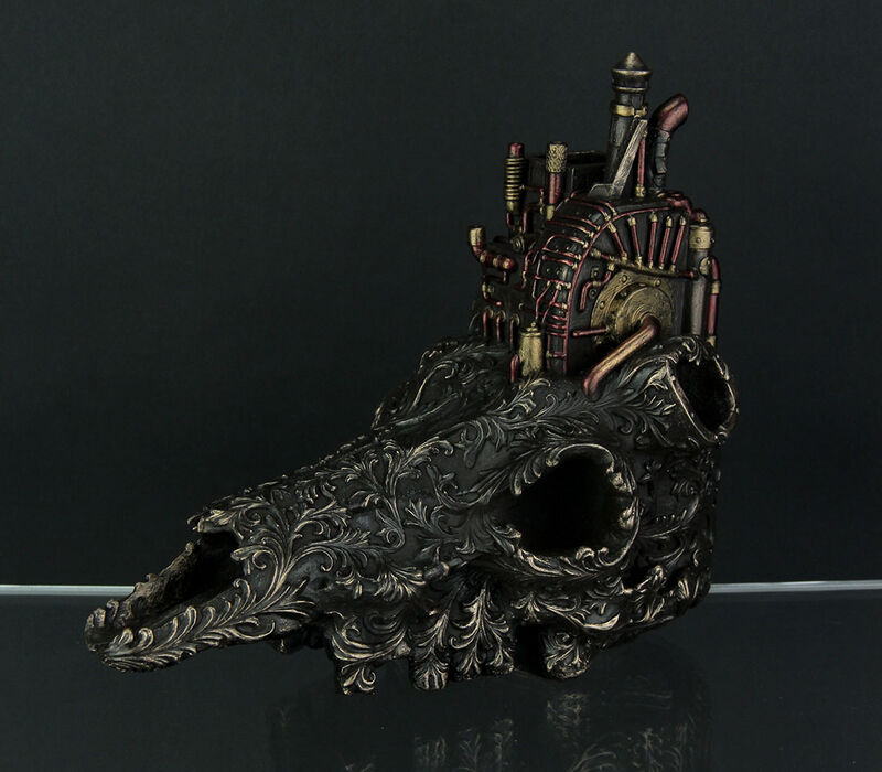 Antiqued Bronze Finish Steampunk Steer Skull Statue image number 1
