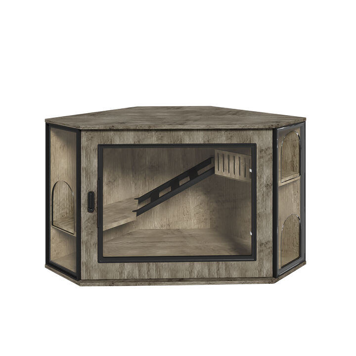 Whisen 48" Pet Furniture, Corner Cat Litter Enclosure, Acrylic & MDF Hidden Cabinet with LED Light, Cat House with Playground