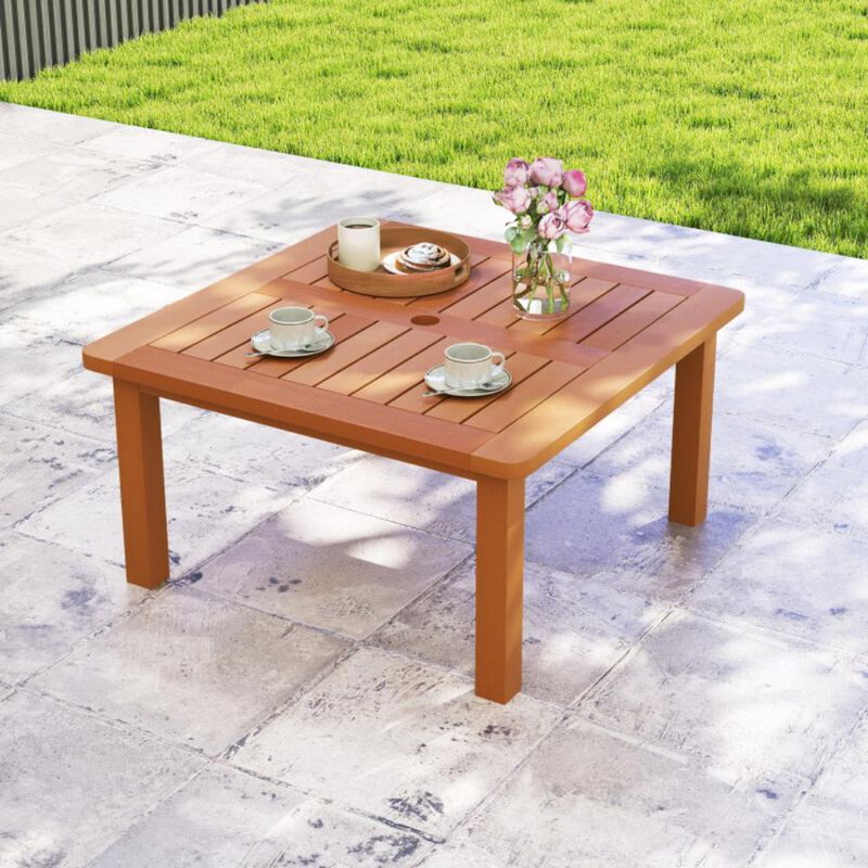 Hivvago Patio Coffee Table with Umbrella Hole and Teak Oil Finish