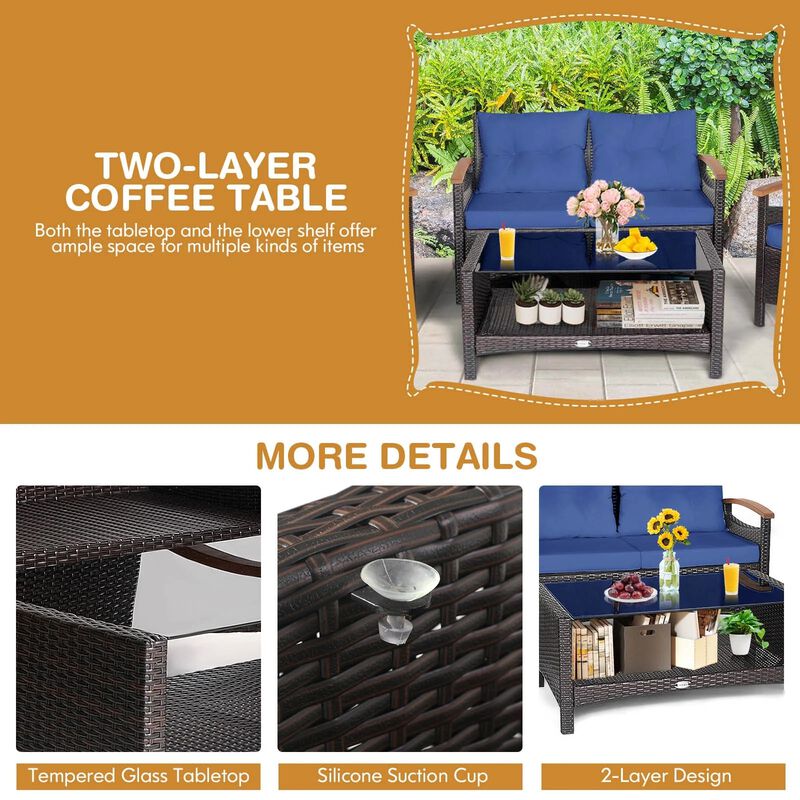 Mondawe 4 Pieces Patio Rattan Furniture Set with Cushioned Sofa and Storage Table
