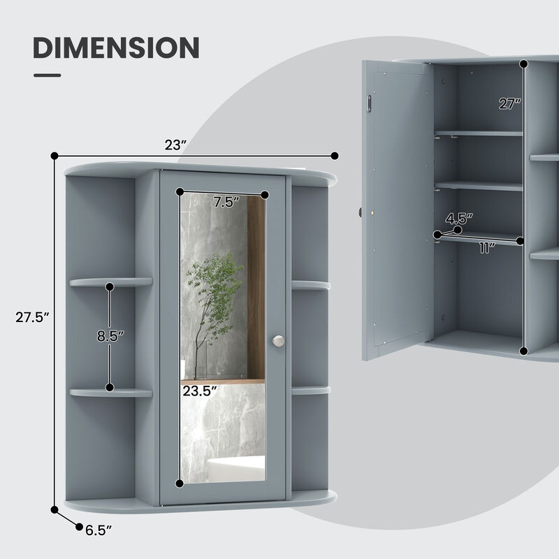 Costway Bathroom Cabinet Medicine Cabinet Single Door Shelves Wall Mount Cabinet W/ Mirror Gray