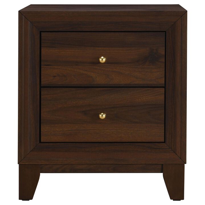 Yels Nightstand with 2 Drawers, Gold Metal Knobs, Walnut Brown