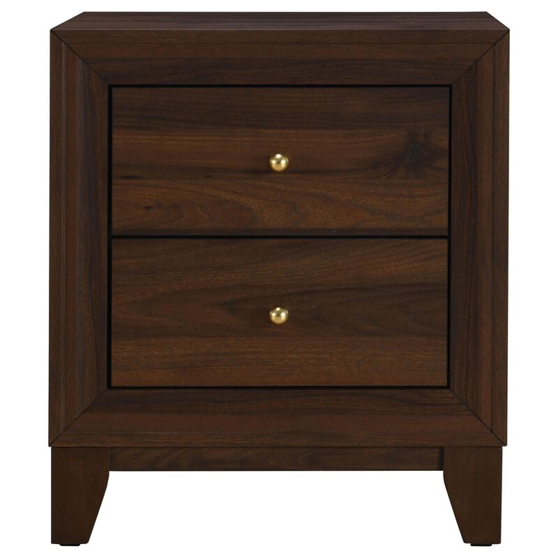 Yels Nightstand with 2 Drawers, Gold Metal Knobs, Walnut Brown
