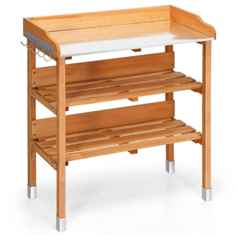 Outdoor Solid Wood Work Table with Metal Surface & Bottom Shelves