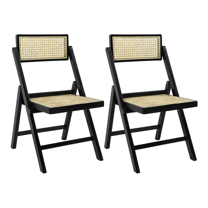 Theo Mid-Century Vintage Wood Rattan Folding Chair with Adjustable Back, Black (Set of 2)