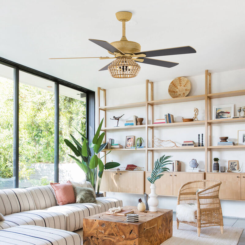 52" BohoSand Gold Cage Ceiling Fan with Remote and Light Kit