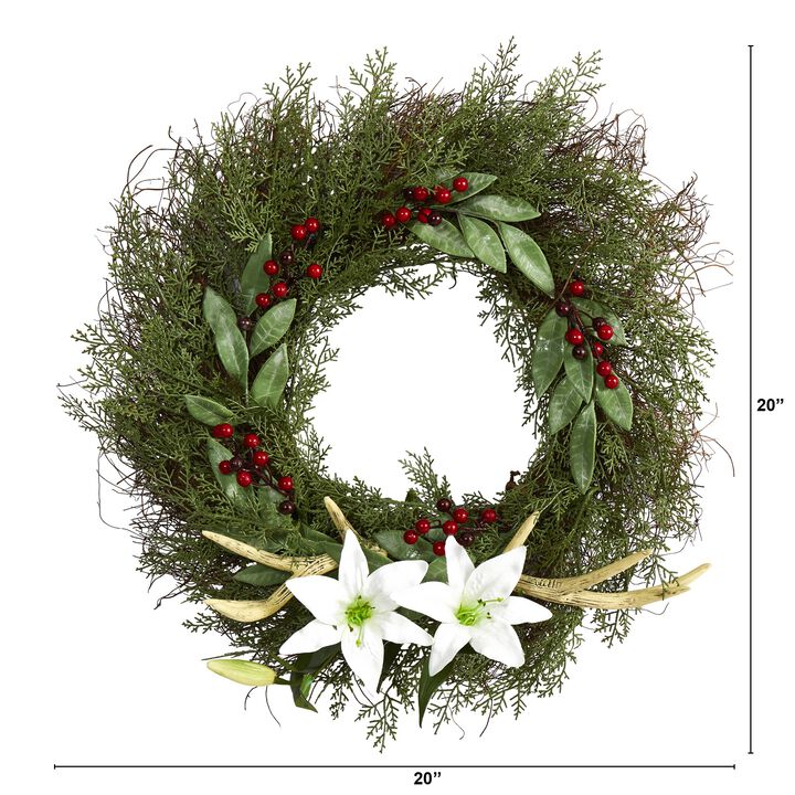 HomPlanti 20" Cedar, Antlers, Lily and Ruscus with Berries Artificial Wreath