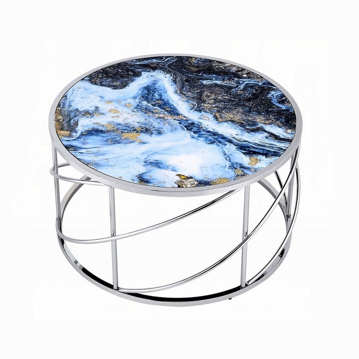 Shira Round Coffee Table, 33 Inch, Open Chrome Base, Blue Faux Marble