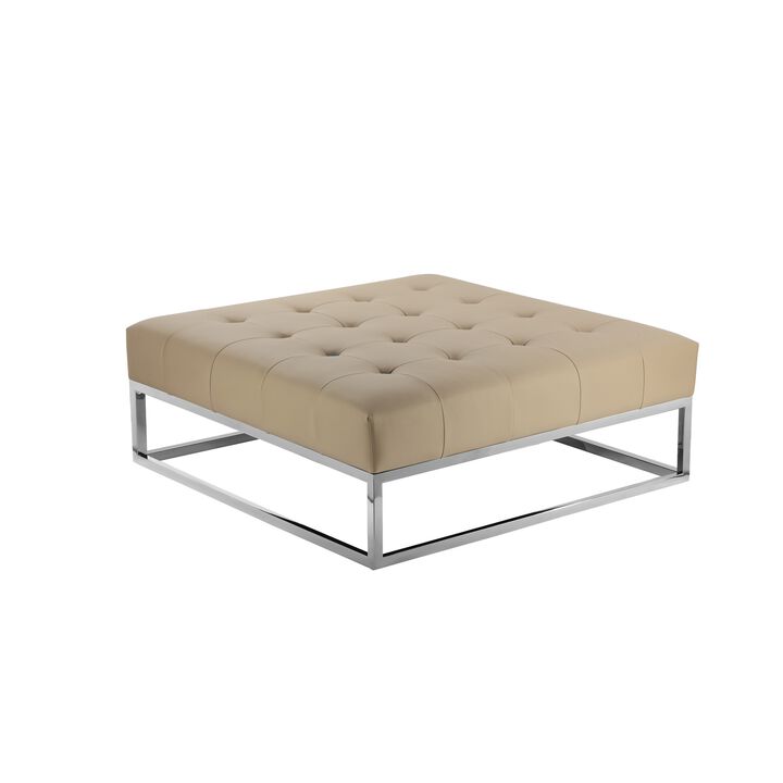 Ipp Ottoman, 40 Inch Square Tufted Beige Faux Leather, Chrome Steel - Benzara