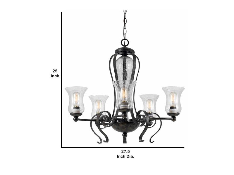 5 Bulb Chandelier with Scrolled Metal Frame and Glass Shades,Gray and Clear-Benzara