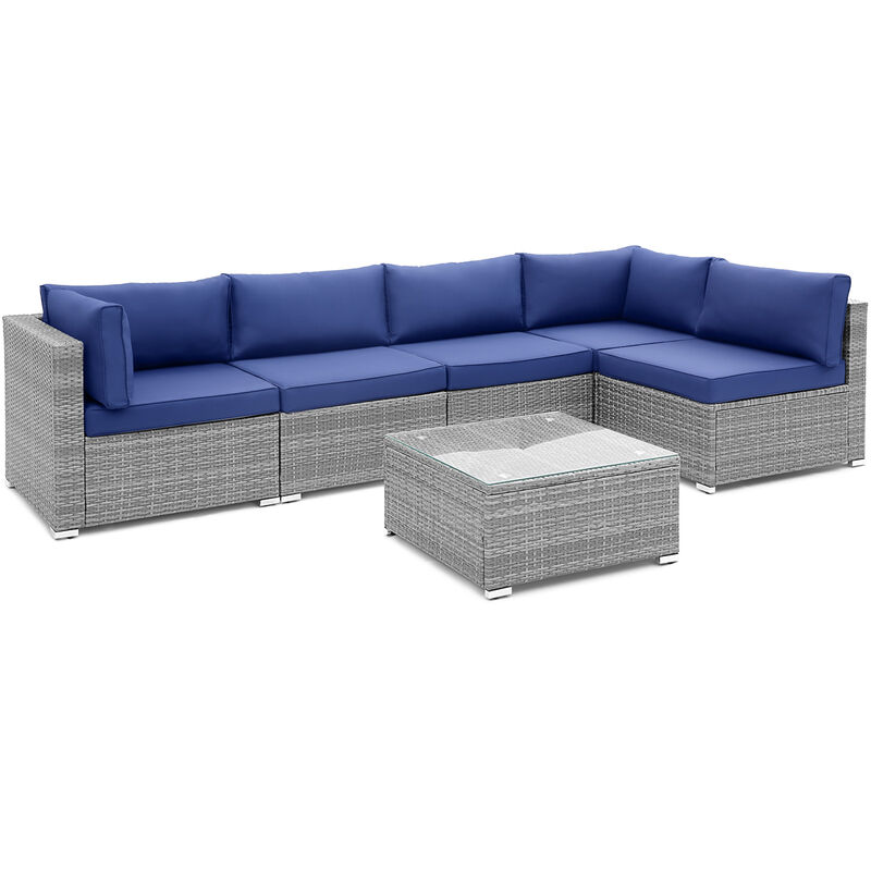 6 Piece Patio Conversation Sofa Set with Tempered Glass Coffee Table-Navy
