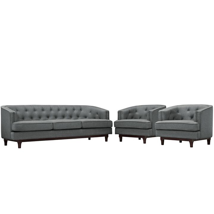 Modway Coast Upholstered Fabric Contemporary Modern Sofa and Two Armchair Set in Gray