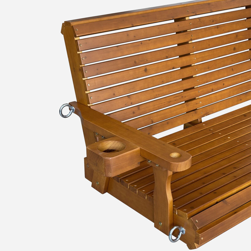 Mega Casa Wooden Porch Swing 2-Seater, Bench Swing with Cupholders, Hanging Chains and 7mm Springs, Heavy Duty 800 LBS, for Outdoor Patio Garden Yard (Brown)