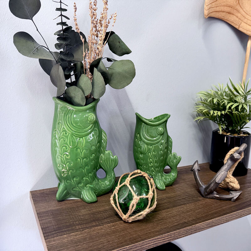 Set of 2 Green Glossy Porcelain Vases 8in Gurgling Fish Coastal Decor image number 7