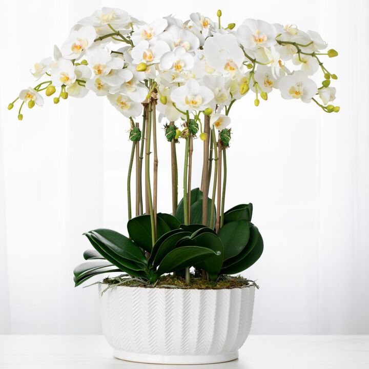 Faux Orchid Arrangement With White Orchids In Gold Pot - 26"