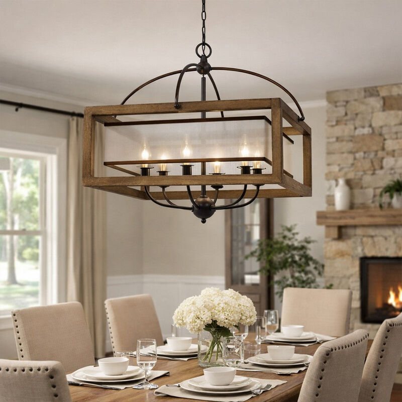 6 Bulb Square Chandelier with Wooden Frame and Organza Striped Shade, Brown - Benzara image number 4