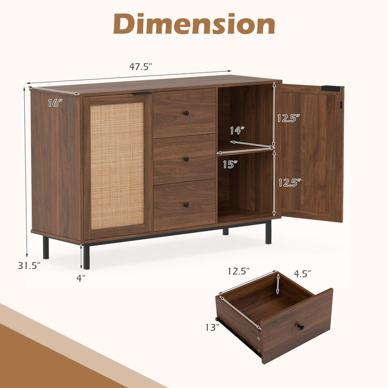Farmhouse Sideboard Buffet Cabinet with 2 Rattan Doors and 3 Drawers image number 2