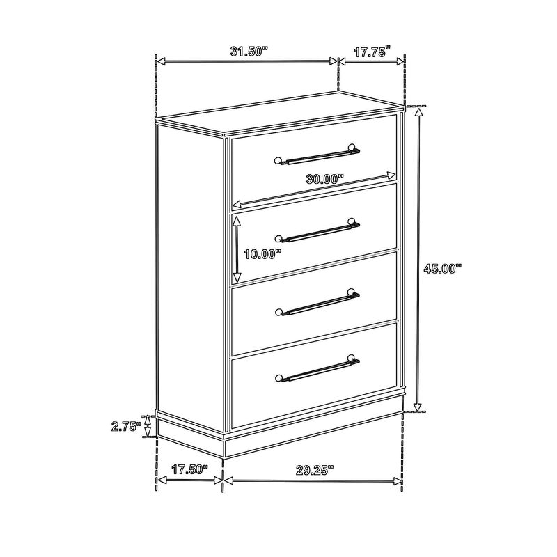 Fene Tall Dresser Chest, 4 Storage Drawers, Nickel Bar Handles, Gray - Benzara