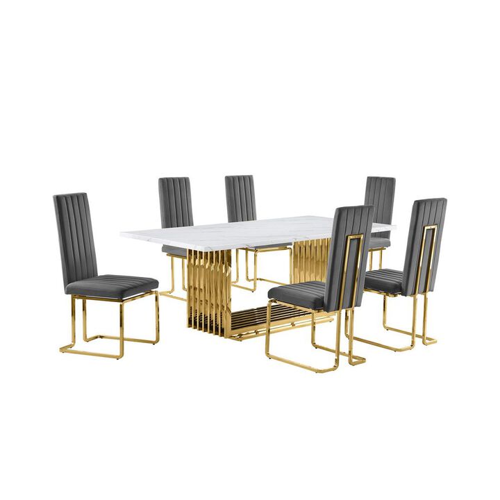 Best Quality Furniture 7pc Large(79) marble top dining set with gold base and 6 Dark grey side chairs