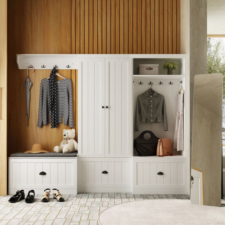 FUFU&GAGA White Storage Combo, Shoe Bench with Soft Seat, Hidden Wardrobe & Open Coat Rack - Textured Finish, Black Handles (86.8 in. W x 17.7 in. D x 70.9 in. H)